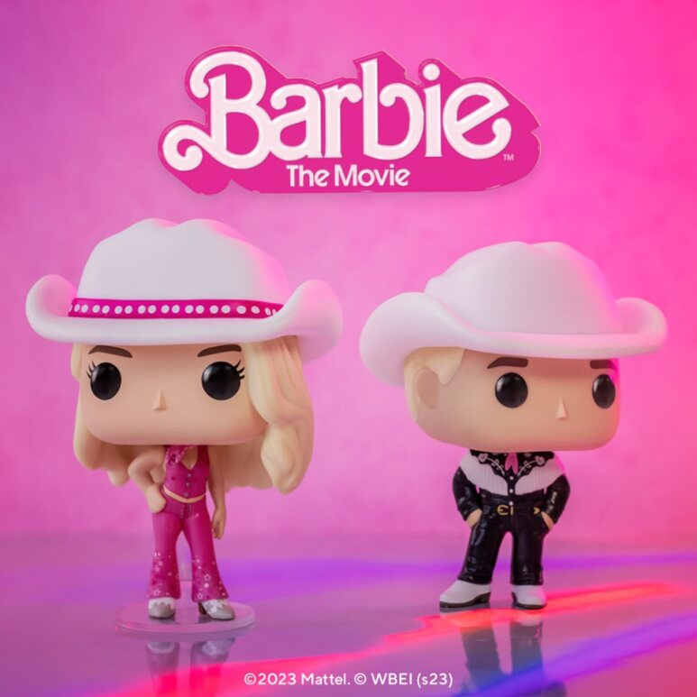 Pop! Western Barbie and Pop! Western Ken stand in front of a pink background with the Barbie the Movie logo appearing above them.